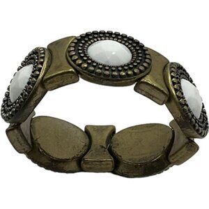Vintage Style Stretch Bracelet With White Cabochon & Antique Gold Tone Accents